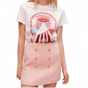 Maje Josila Pink Tweed A Line Mini Skirt with Gold Buttons Size EU 40 NWT